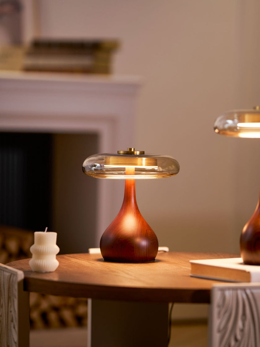 Mid-century Brass Glass Wood Table Lamp