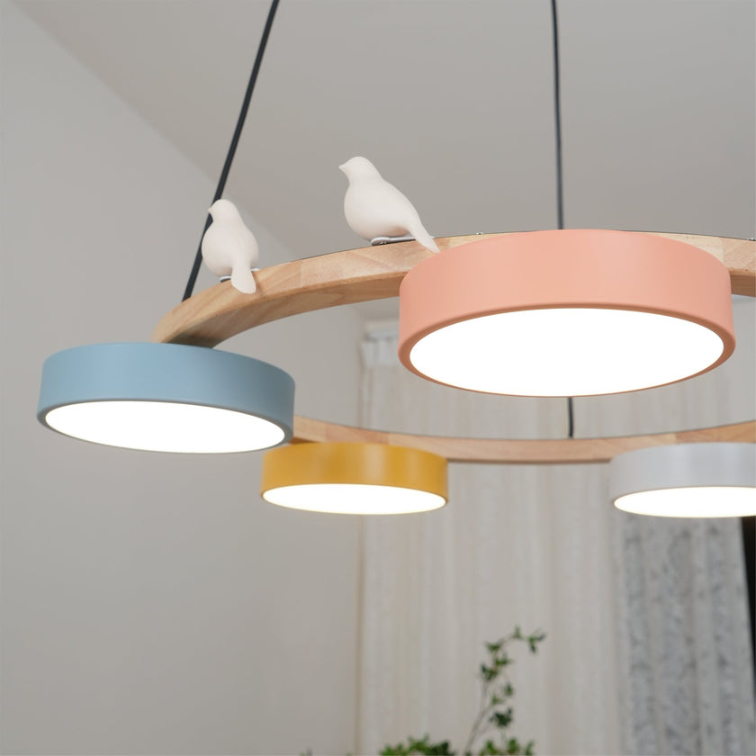 Modern Bird Resin Wood Ring Chandelier