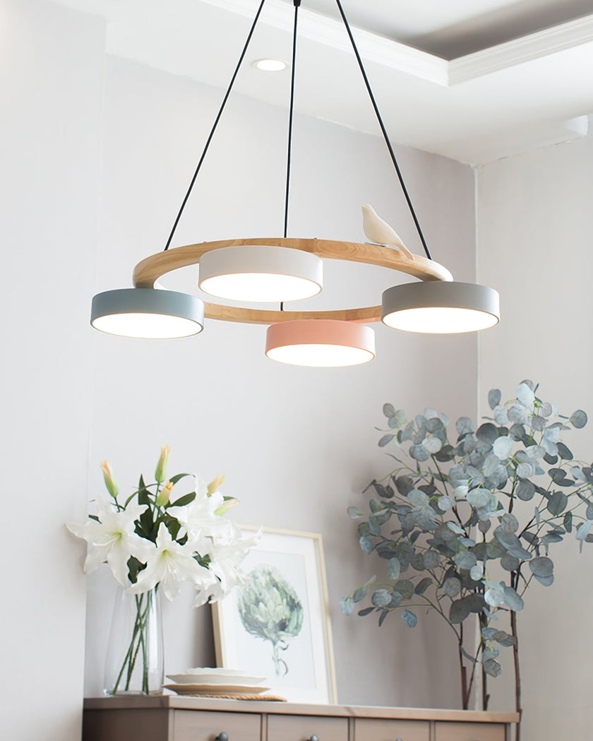 Modern Bird Resin Wood Ring Chandelier