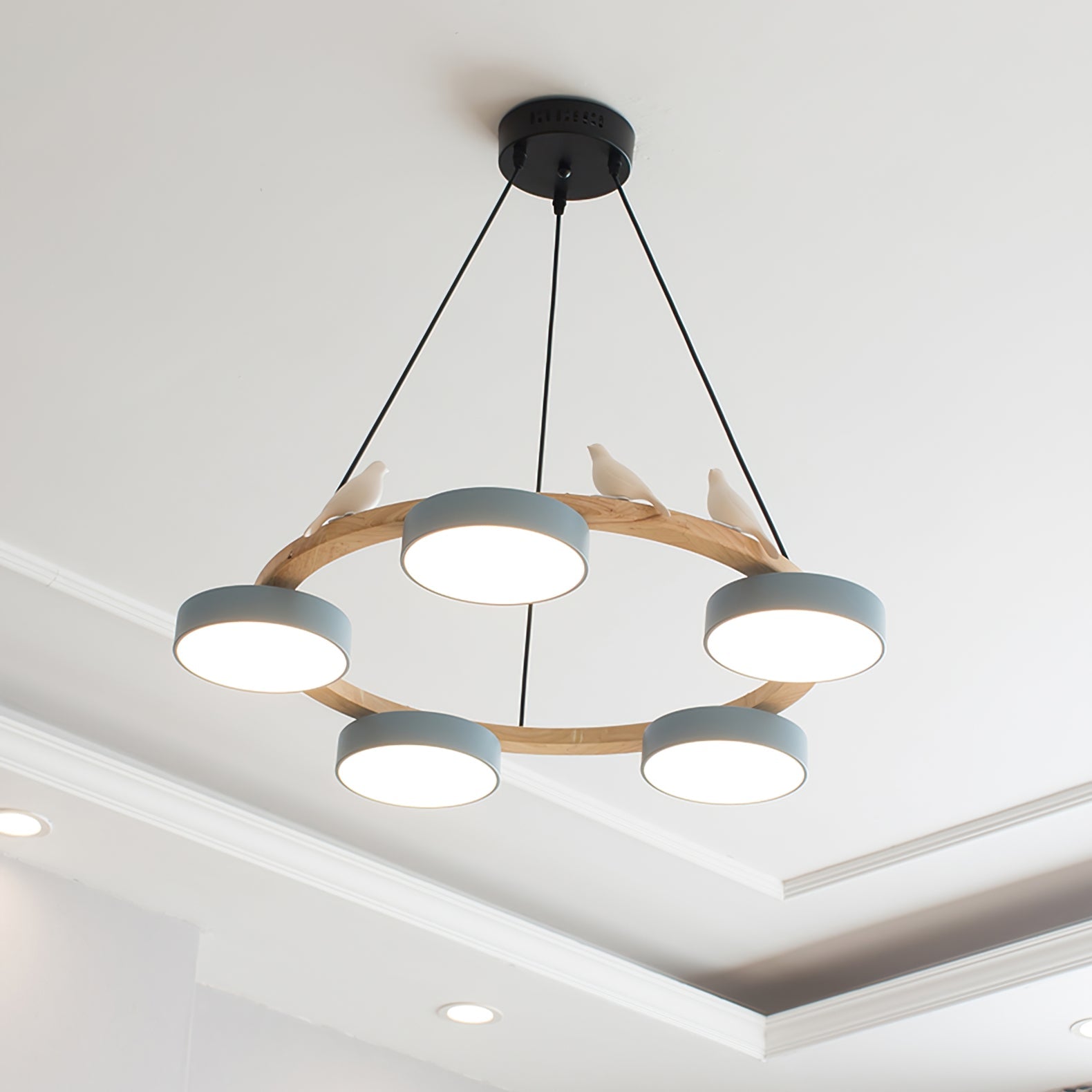 Modern Bird Resin Wood Ring Chandelier
