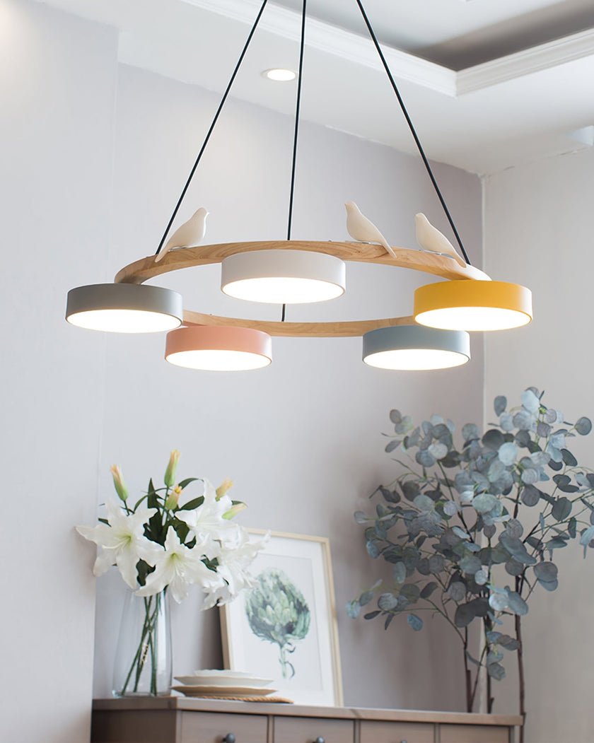 Modern Bird Resin Wood Ring Chandelier