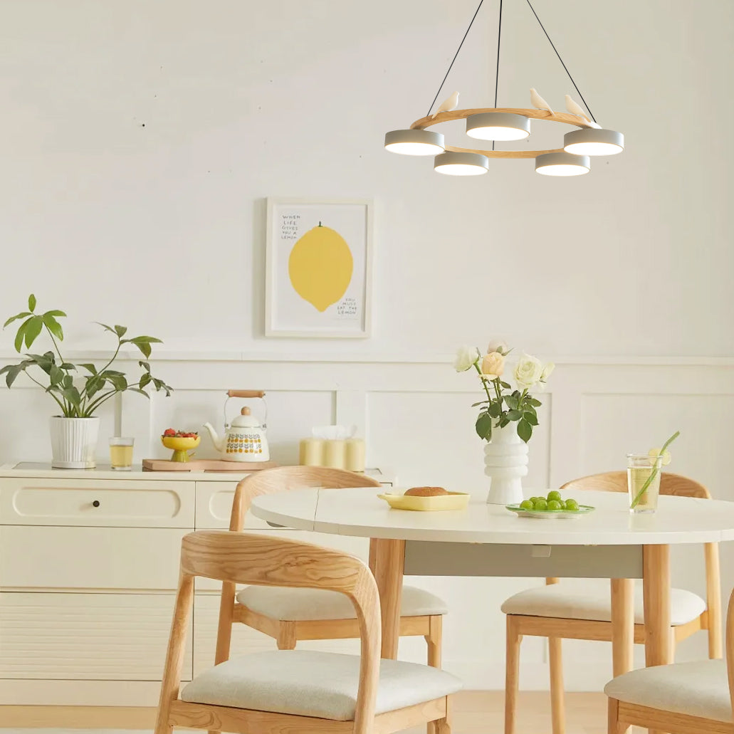 Modern Bird Resin Wood Ring Chandelier
