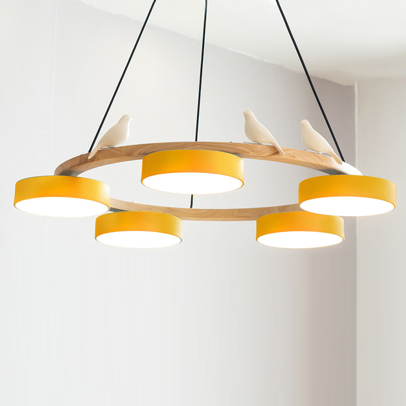 Modern Bird Resin Wood Ring Chandelier