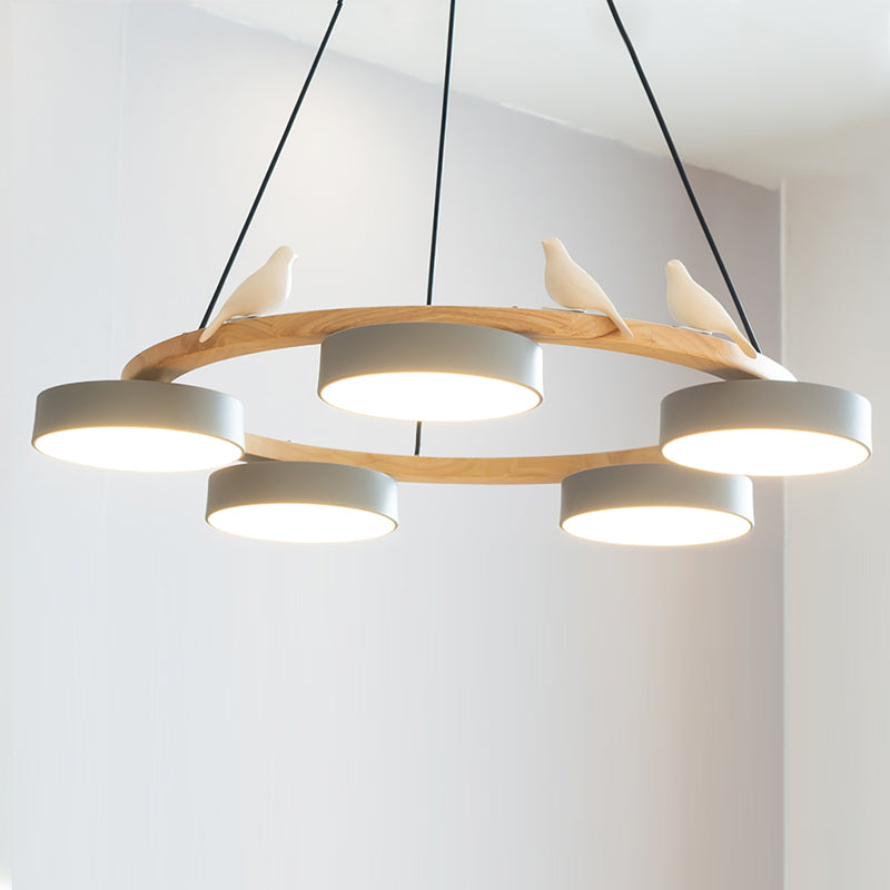 Modern Bird Resin Wood Ring Chandelier