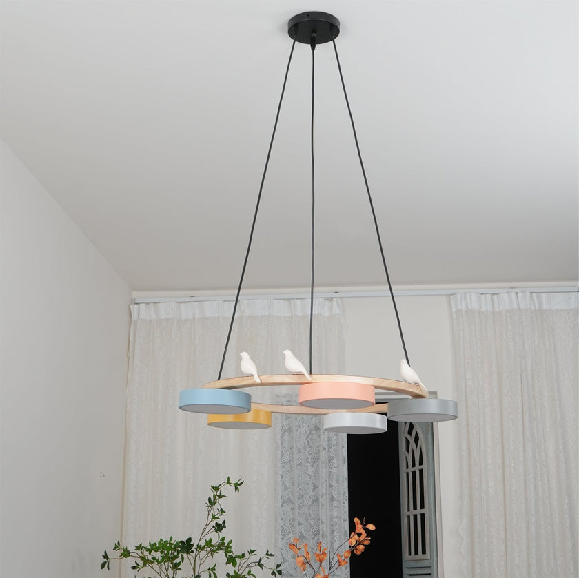Modern Bird Resin Wood Ring Chandelier