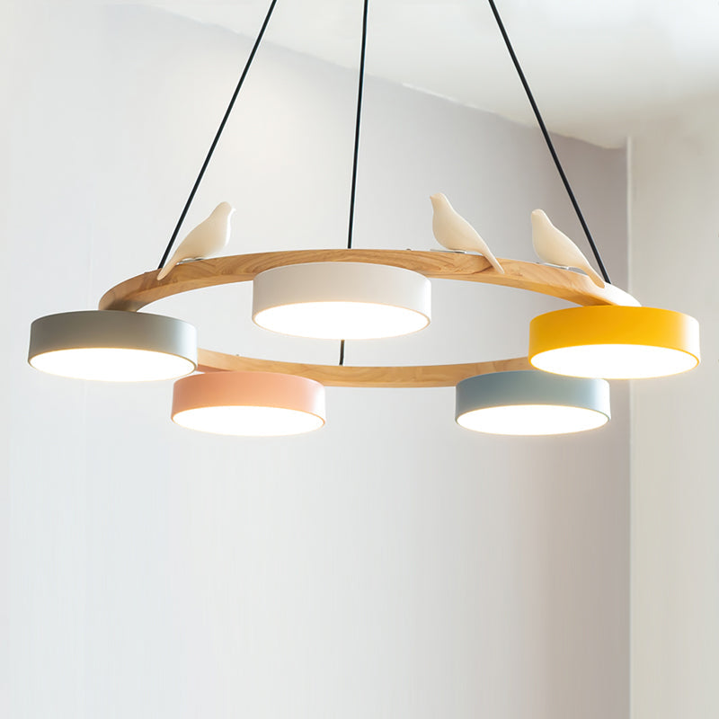 Modern Bird Resin Wood Ring Chandelier