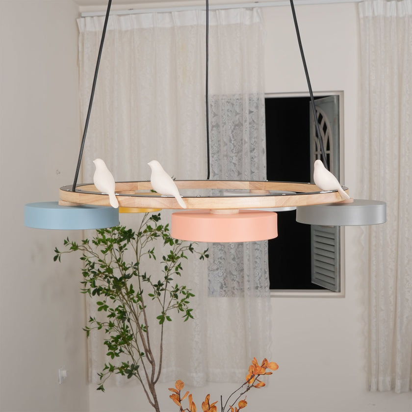 Modern Bird Resin Wood Ring Chandelier