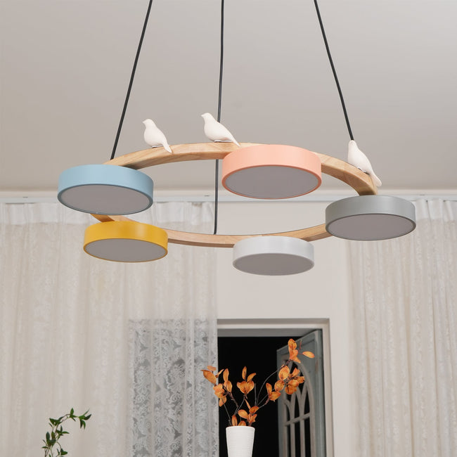 Modern Bird Resin Wood Ring Chandelier