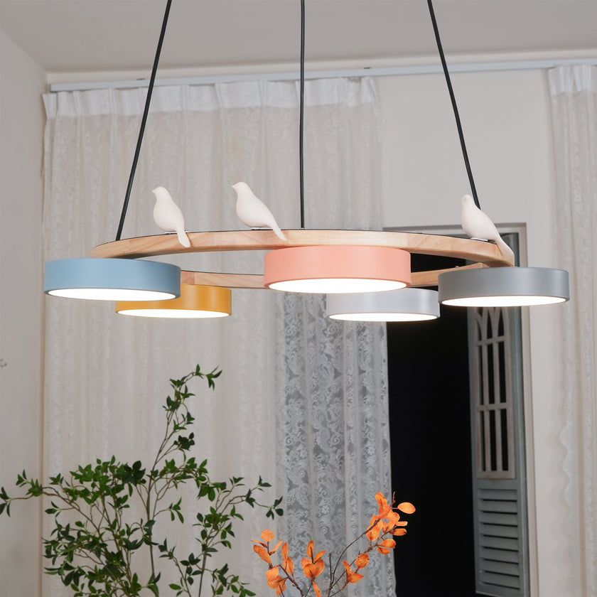 Modern Bird Resin Wood Ring Chandelier