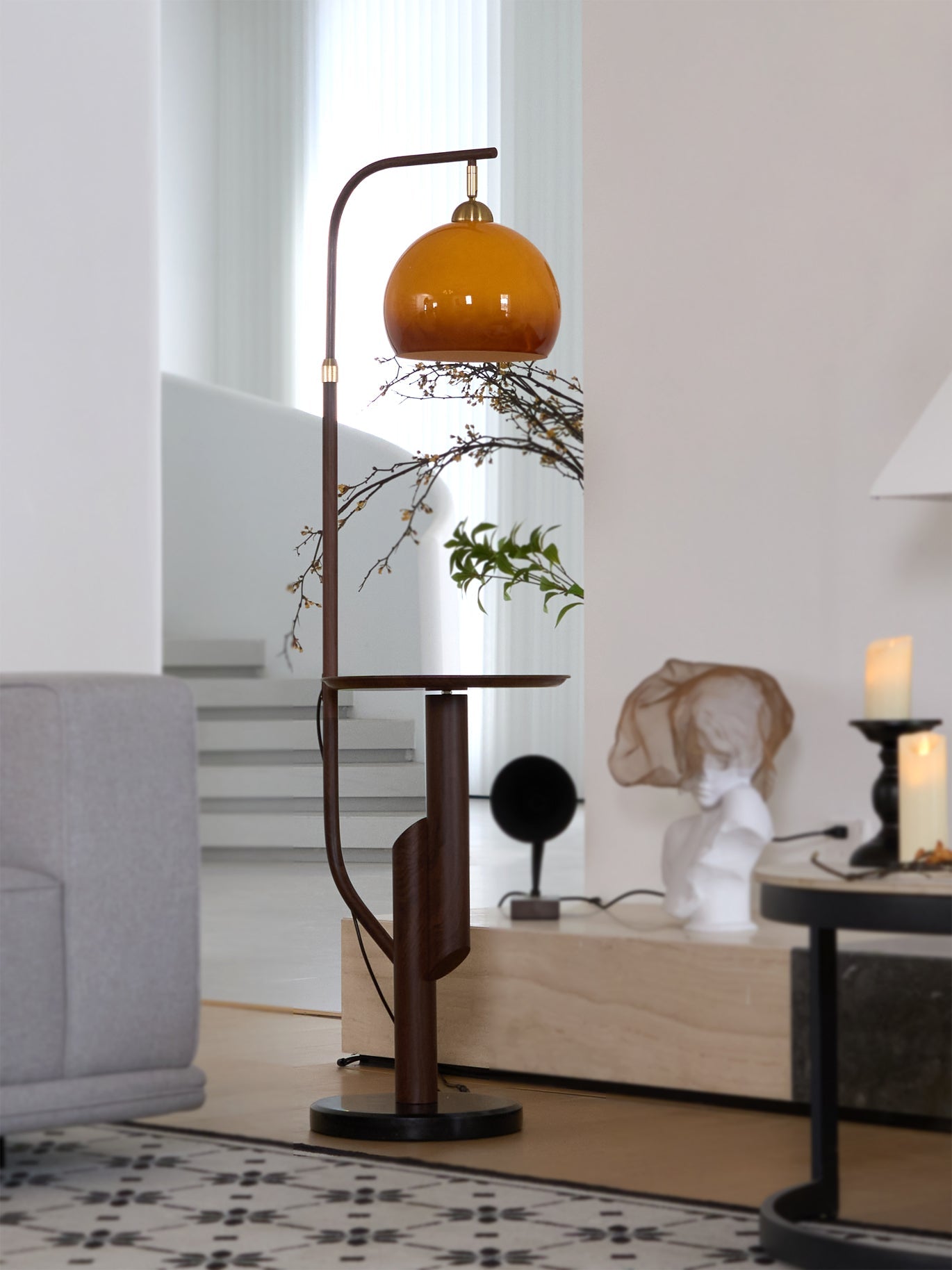 Calvrane Brass Arc Glass Globe Floor Lamp
