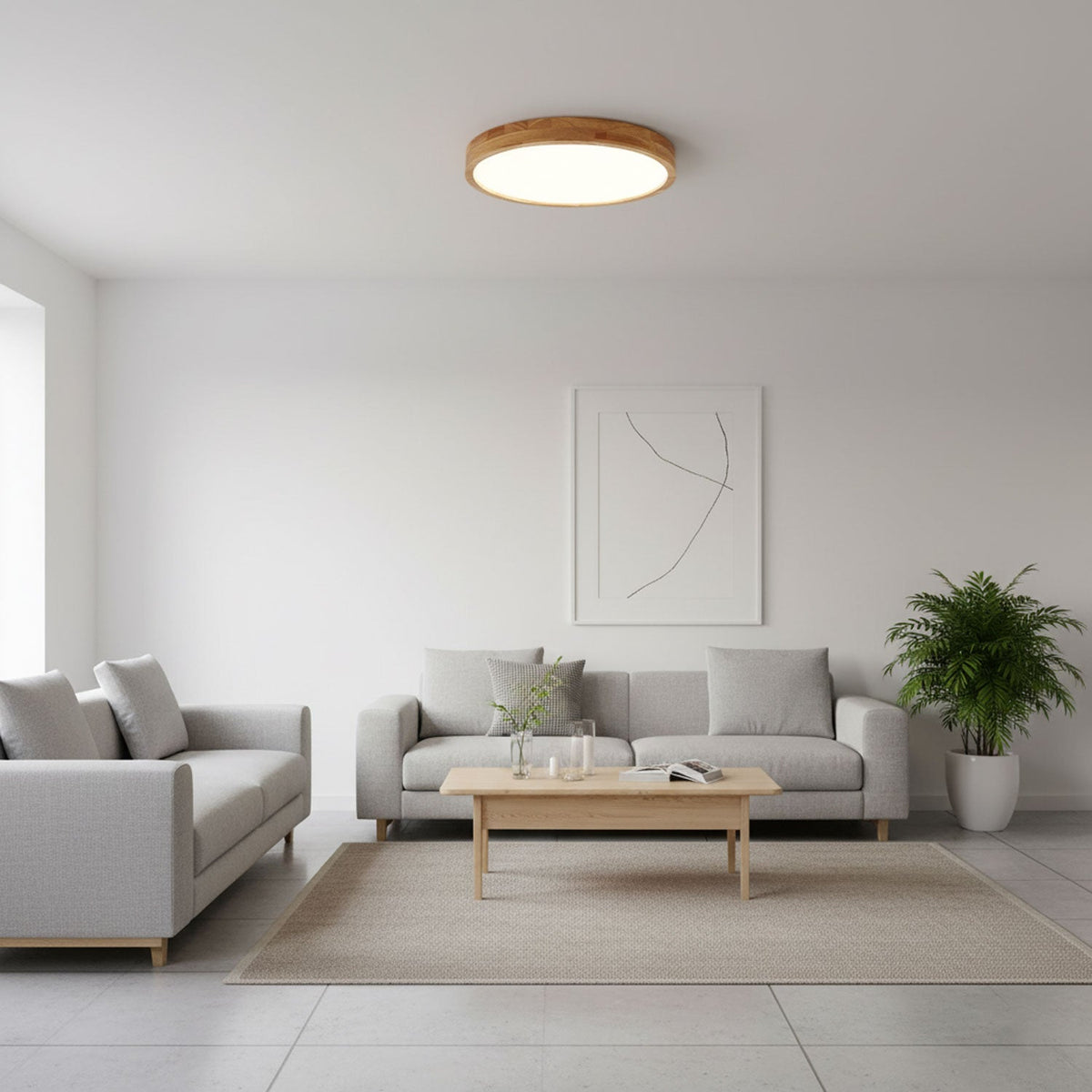 Rubberwood Geometric Flush Mount Light