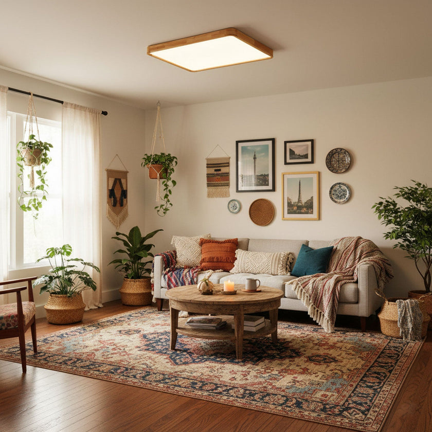 Rubberwood Geometric Flush Mount Light