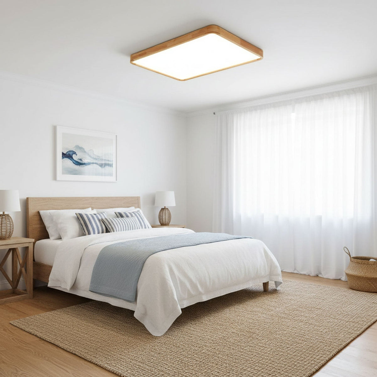 Rubberwood Geometric Flush Mount Light