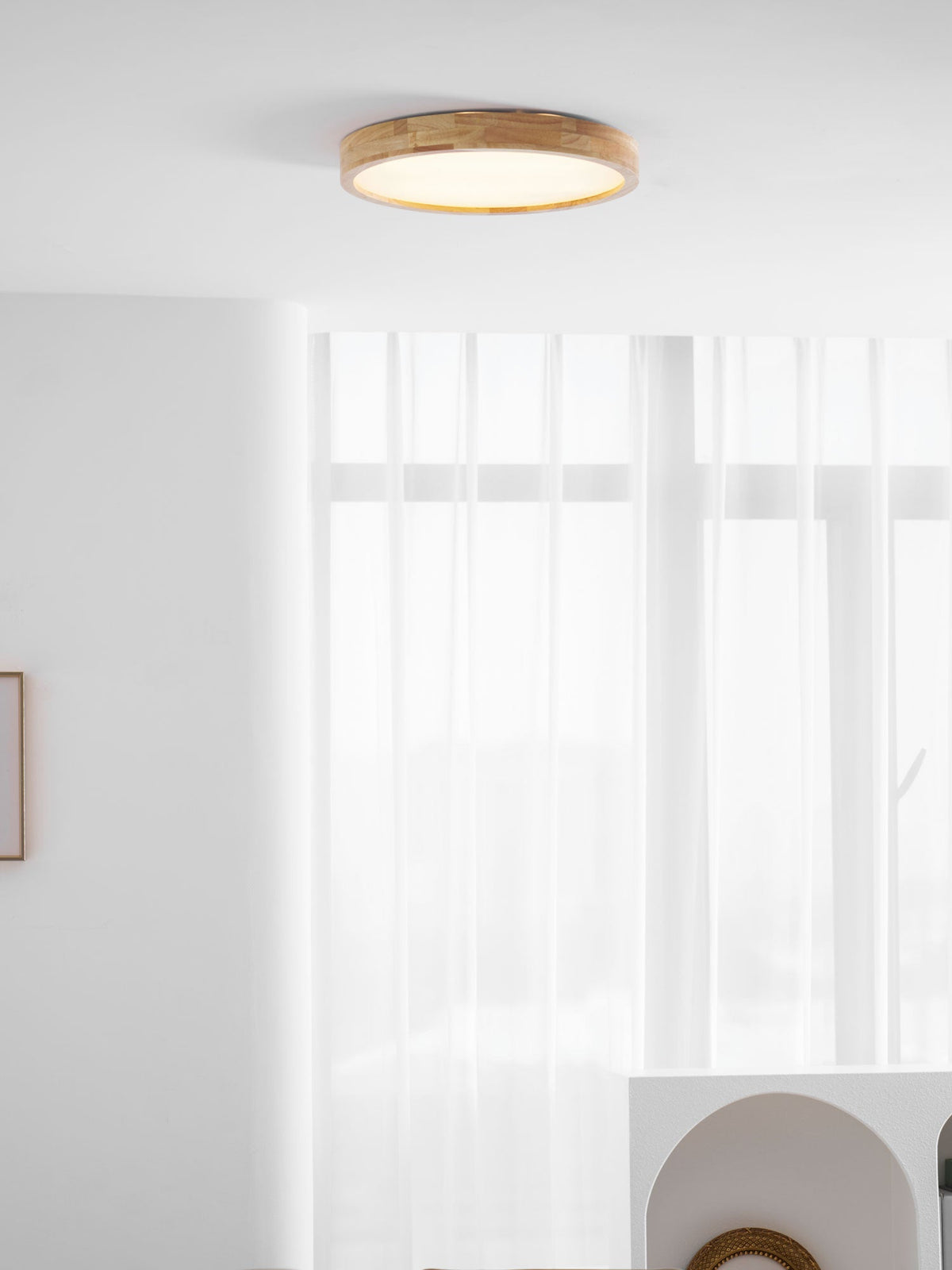 Rubberwood Geometric Flush Mount Light