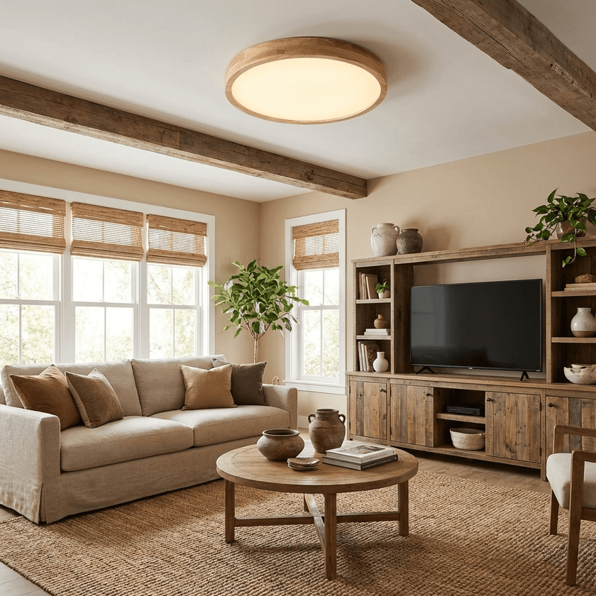 Rubberwood Geometric Flush Mount Light