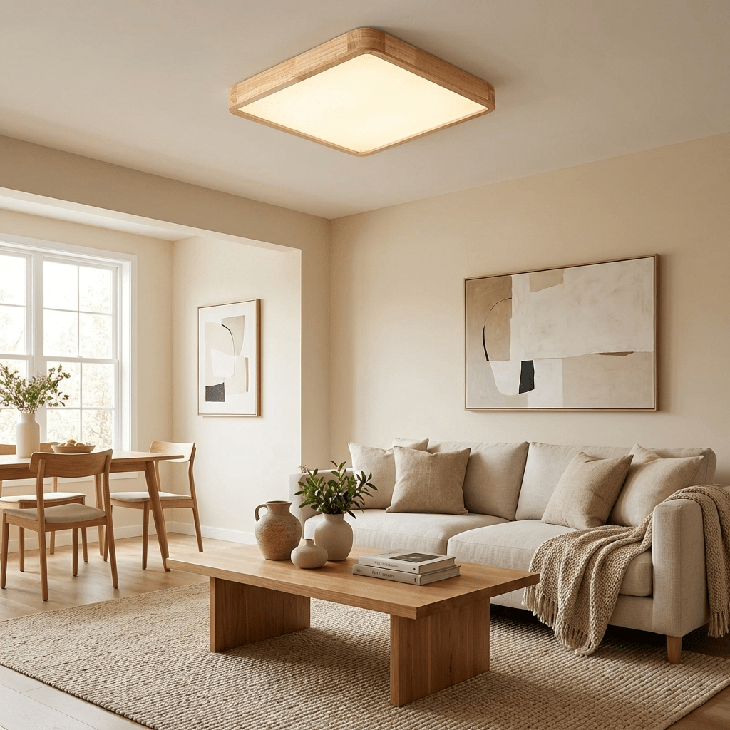 Rubberwood Geometric Flush Mount Light