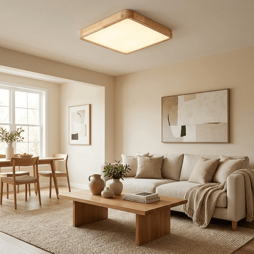Rubberwood Geometric Flush Mount Light