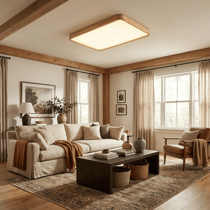 Rubberwood Geometric Flush Mount Light