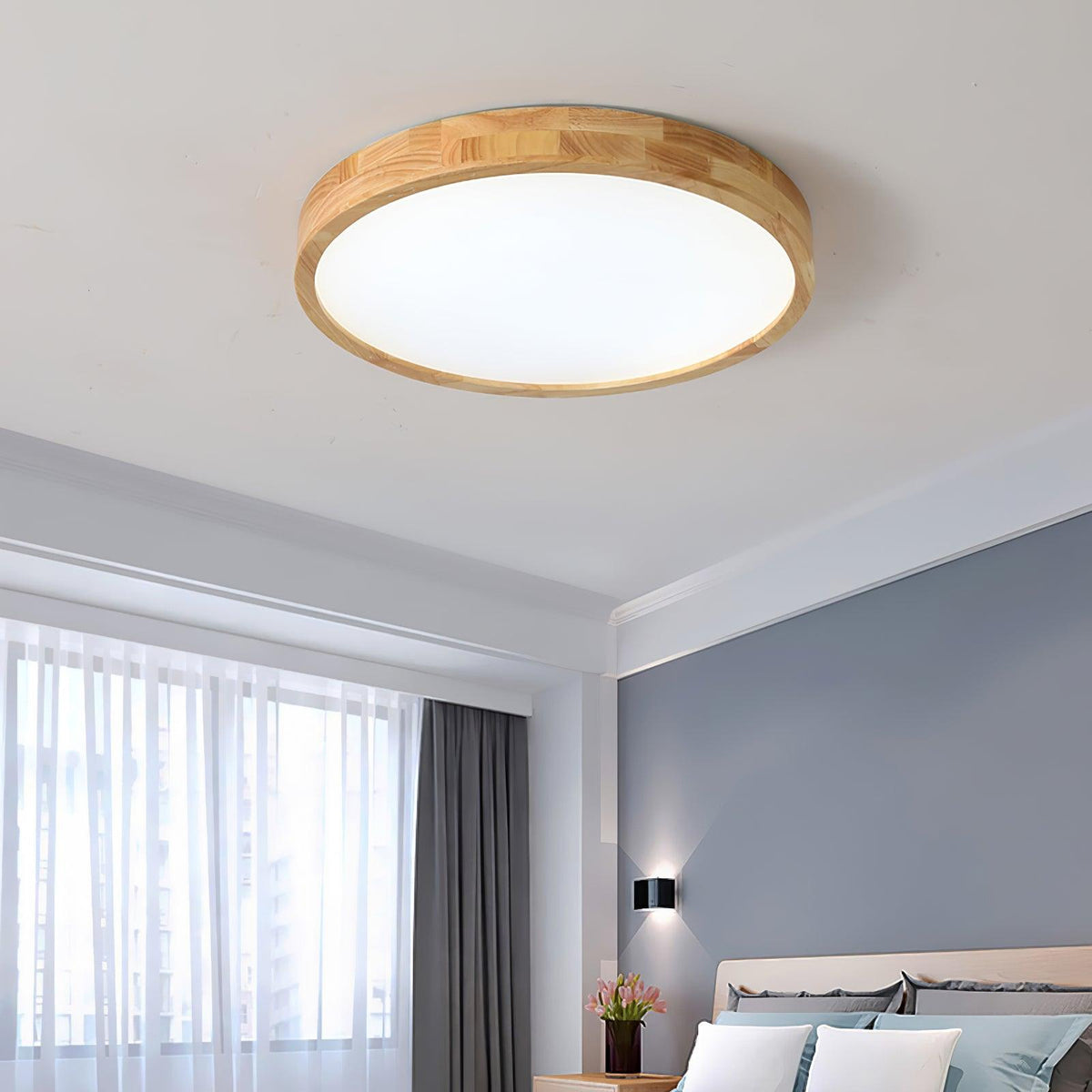 Rubberwood Geometric Flush Mount Light