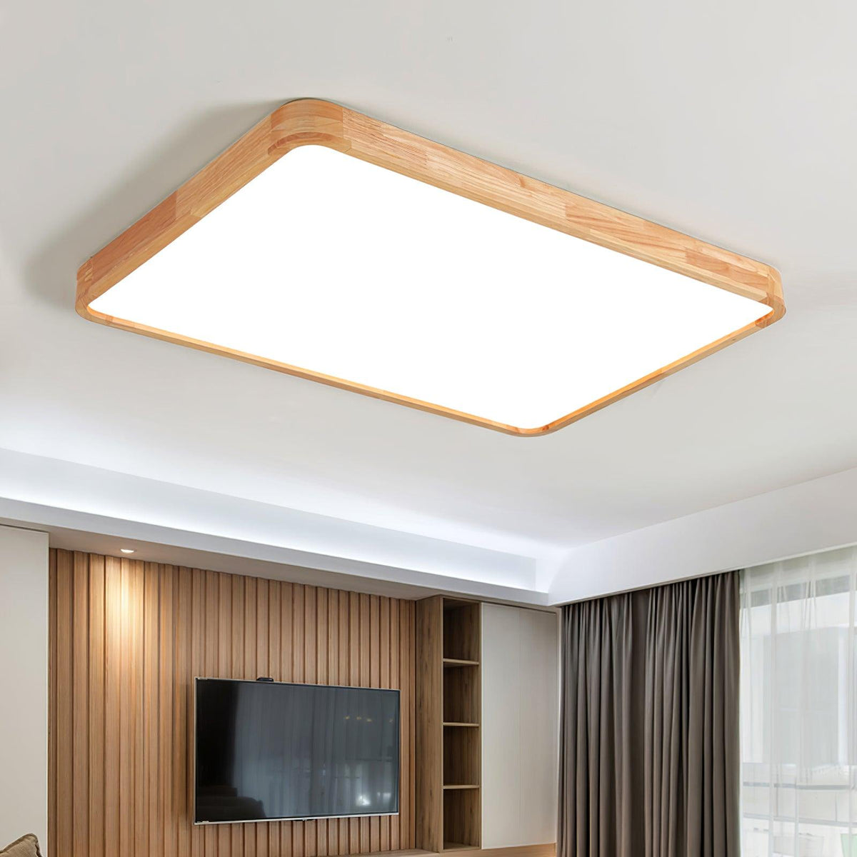Rubberwood Geometric Flush Mount Light