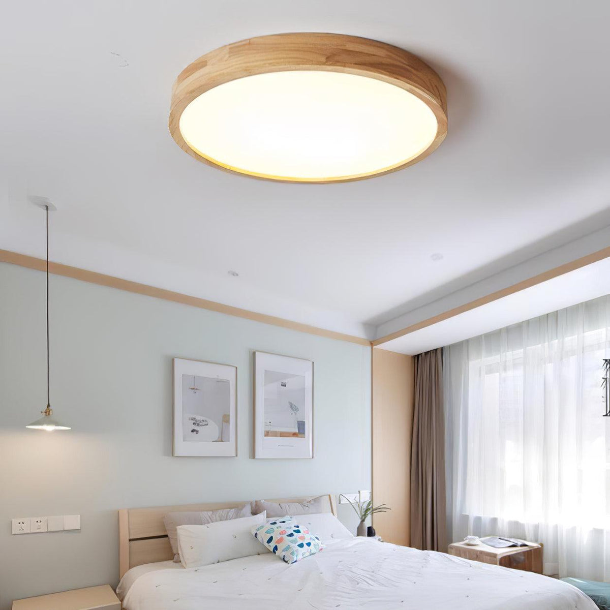 Rubberwood Geometric Flush Mount Light