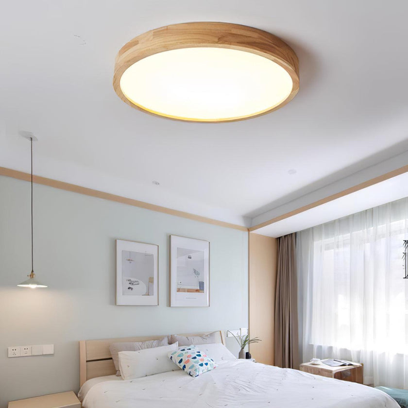 Rubberwood Geometric Flush Mount Light