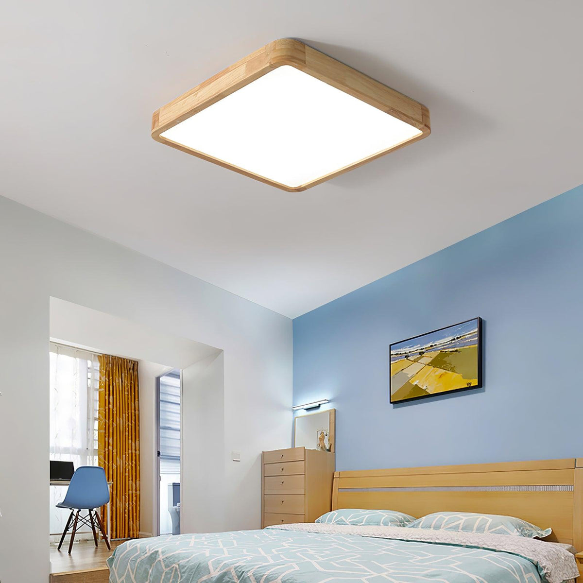 Rubberwood Geometric Flush Mount Light