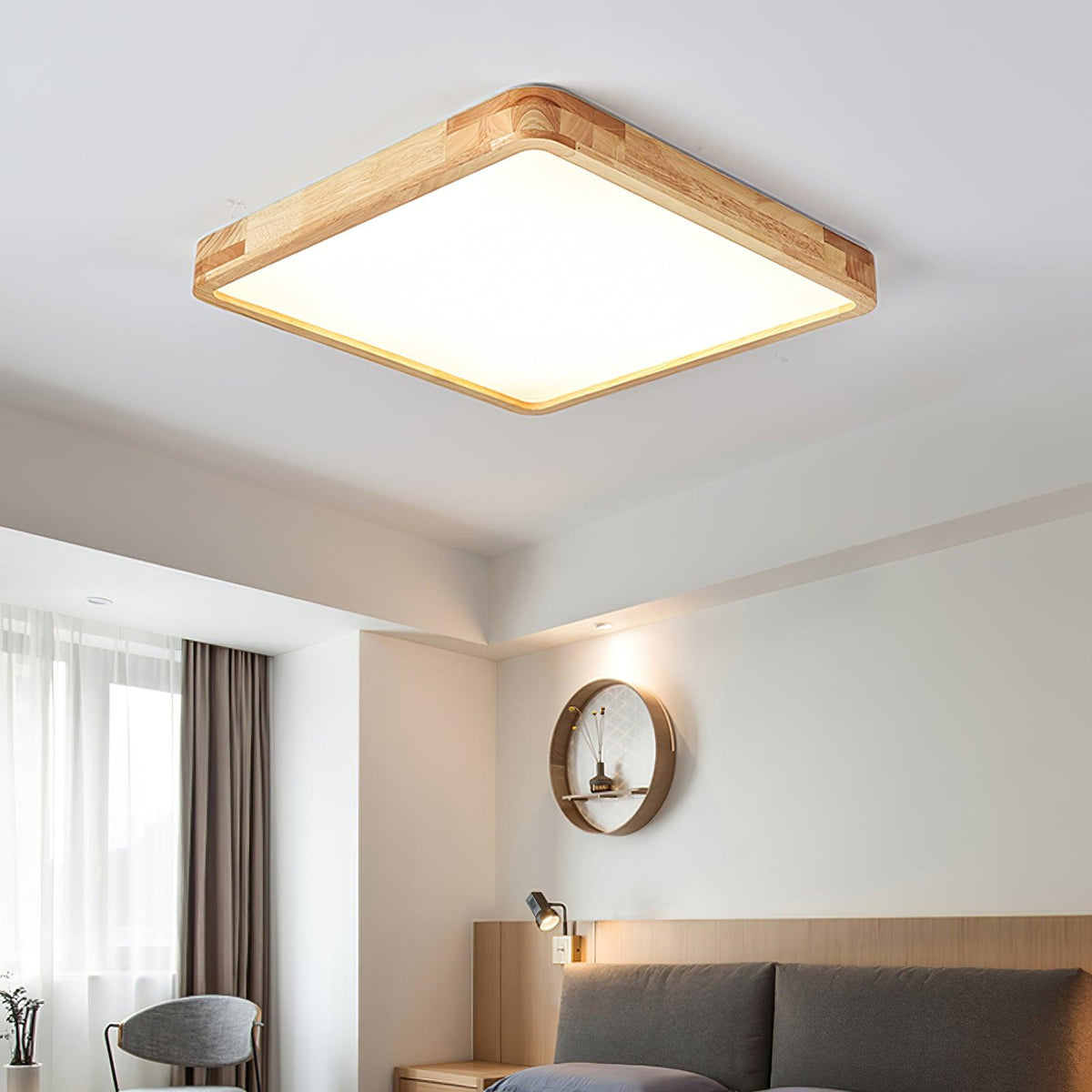 Rubberwood Geometric Flush Mount Light