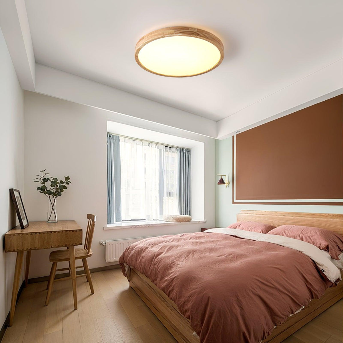 Rubberwood Geometric Flush Mount Light