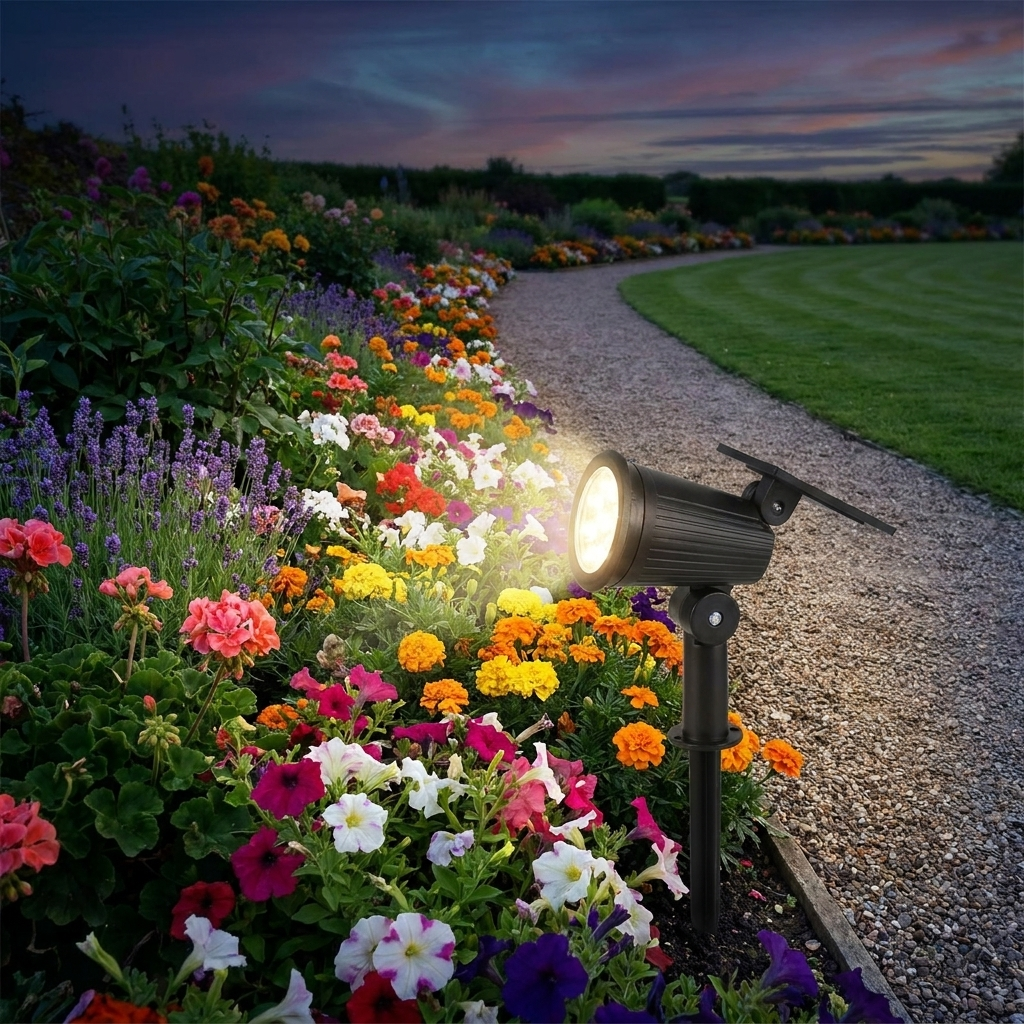 Solar spotlight on flower border garden path