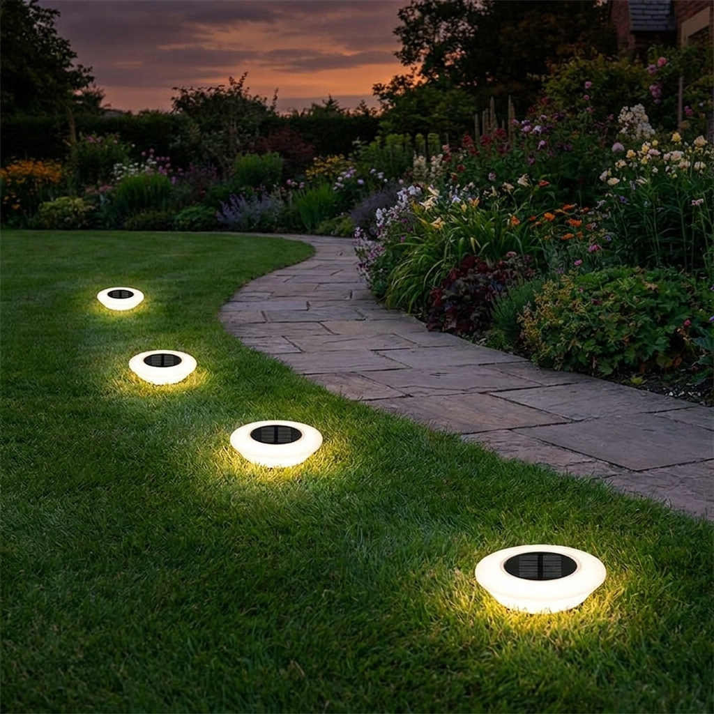 Solar ground lights in garden lawn at dusk