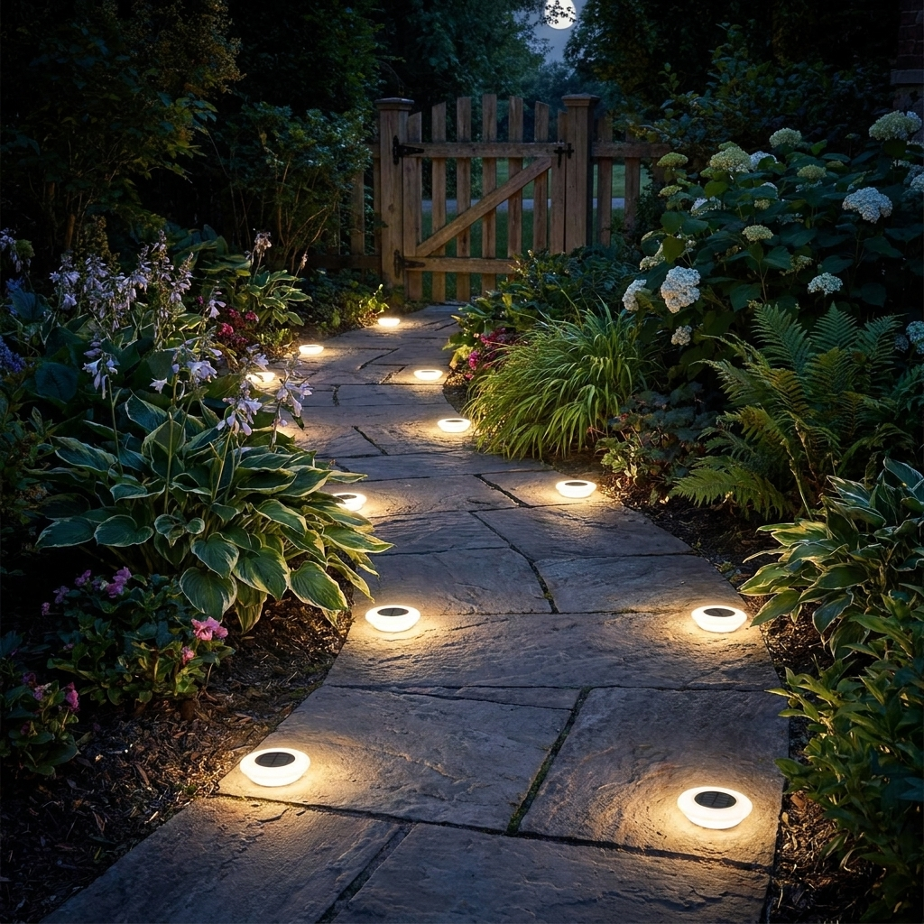Solar ground lights lining garden pathway at night