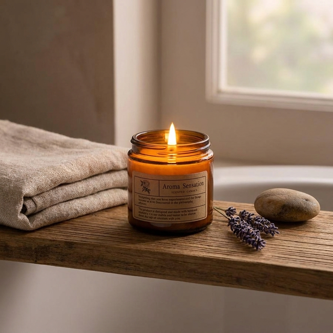 Brown glass candle on bathroom shelf spa