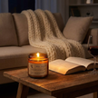 Brown glass candle on coffee table evening