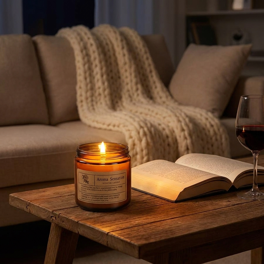 Brown glass candle on coffee table evening