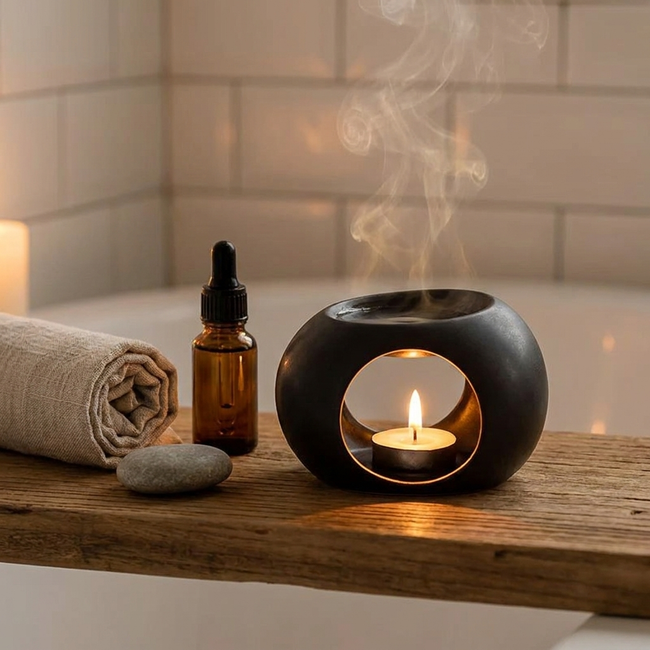 Ceramic oil burner on bathroom shelf spa