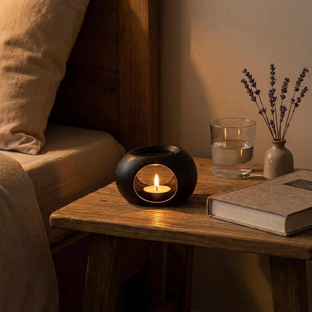 Ceramic oil burner on bedside table at night