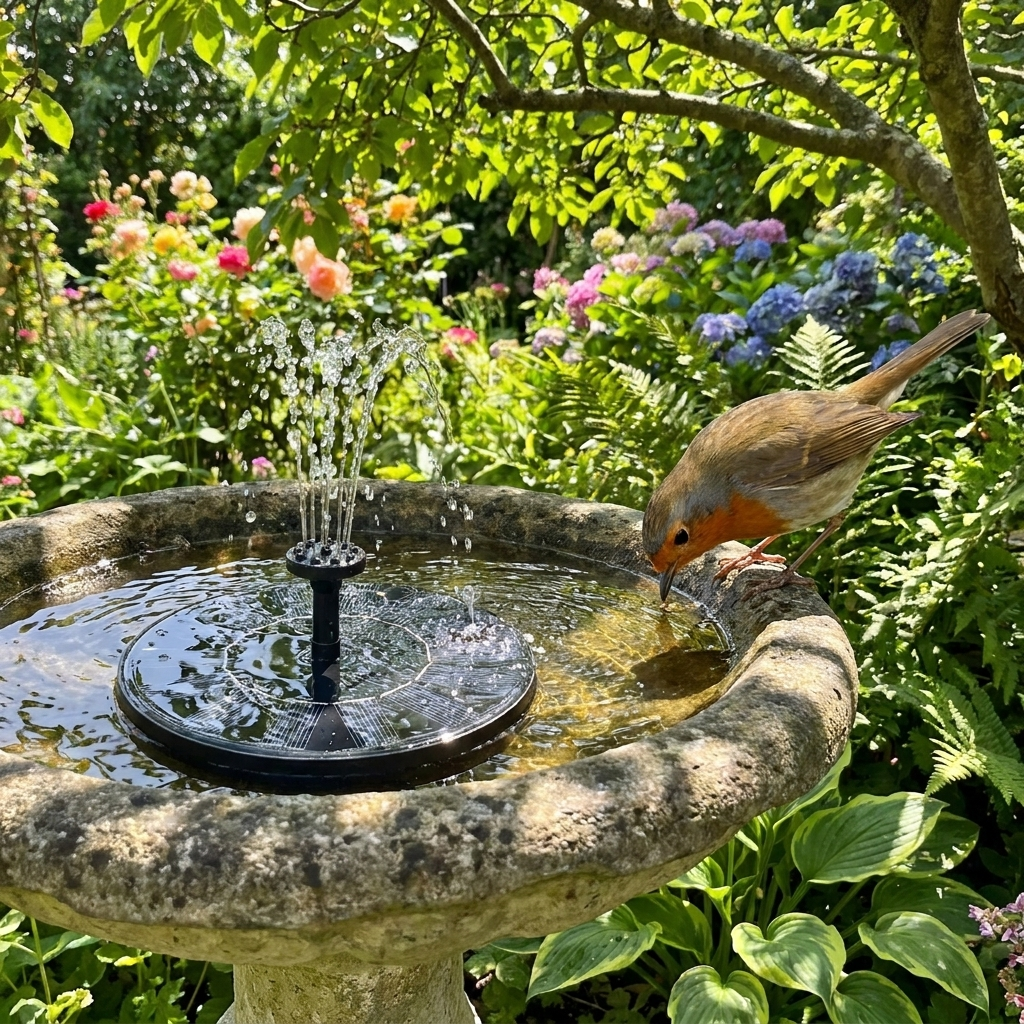 Solar fountain in garden birdbath with robin