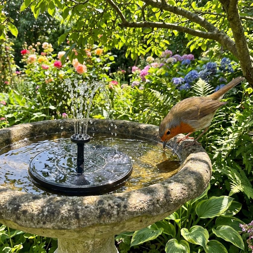 Solar fountain in garden birdbath with robin