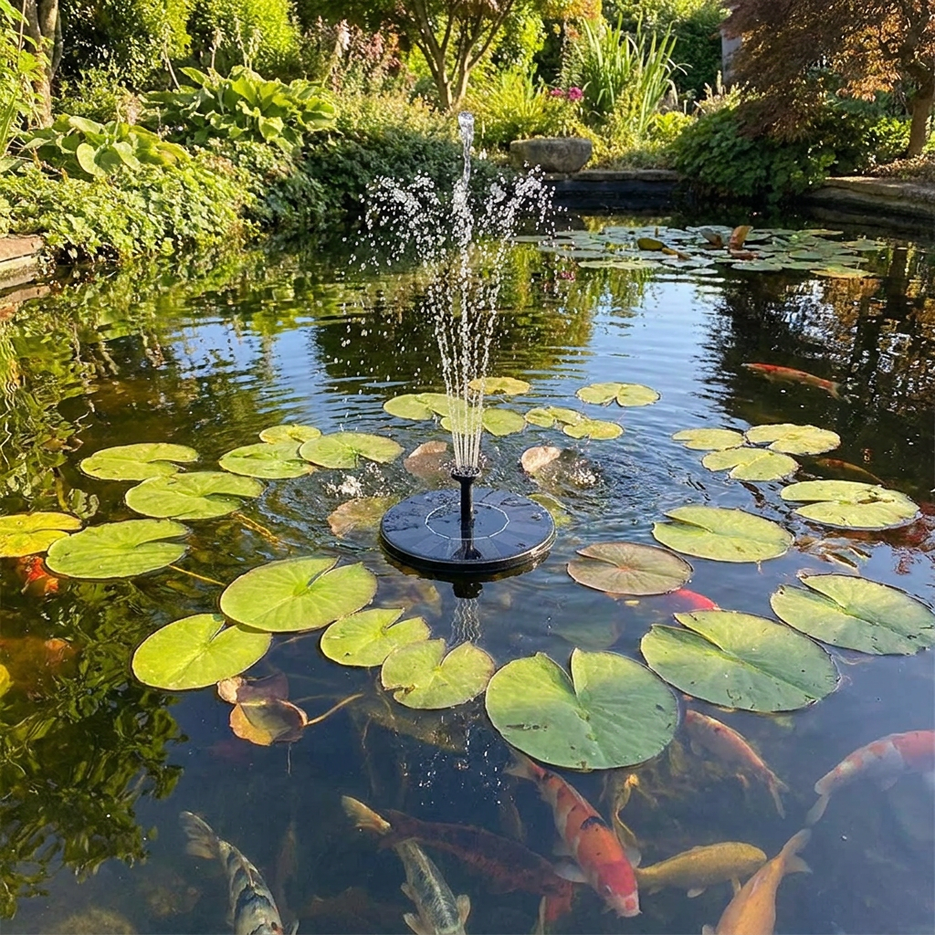 Solar fountain in garden pond with lily pads
