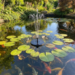 Solar fountain in garden pond with lily pads
