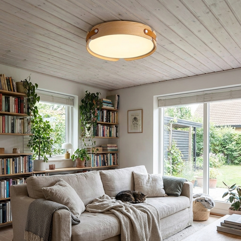 Walnut Wood Disc Ceiling Light - lifestyle