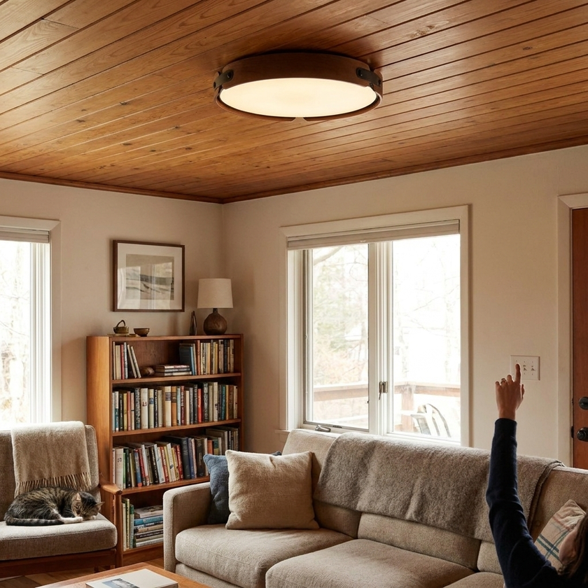 Walnut Wood Disc Ceiling Light - lifestyle