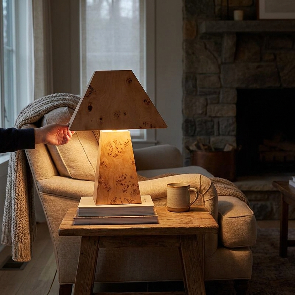 Burl Wood Pyramid Table Lamp - lifestyle