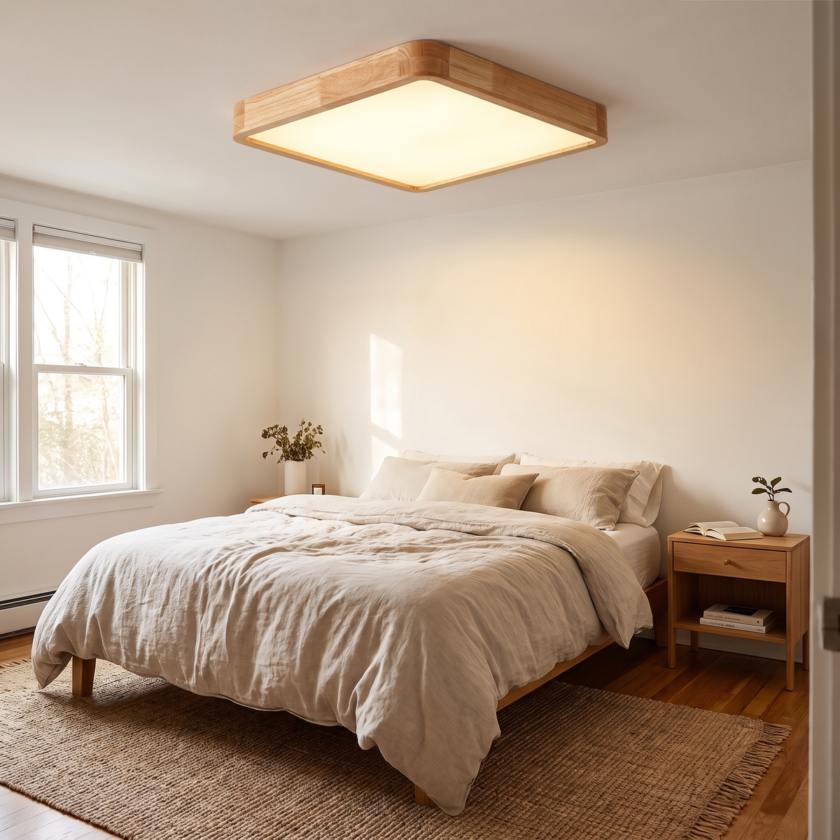 Rubberwood Geometric Flush Mount Light