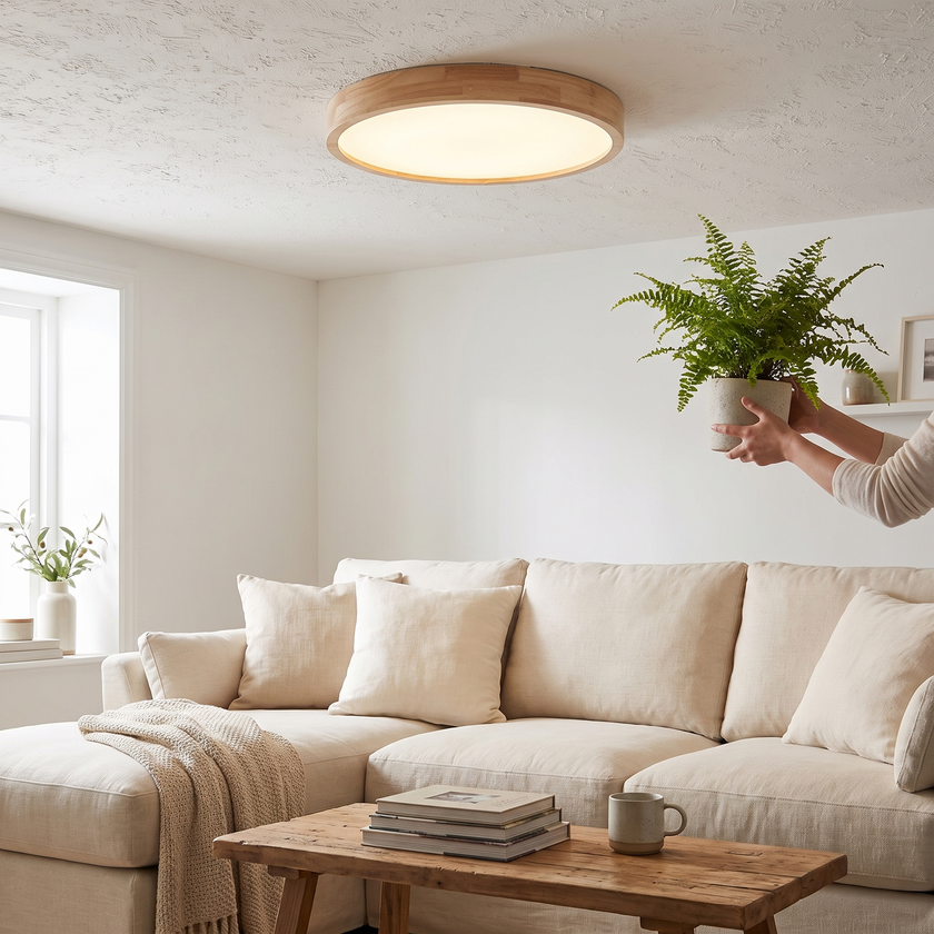 Rubberwood Geometric Flush Mount Light