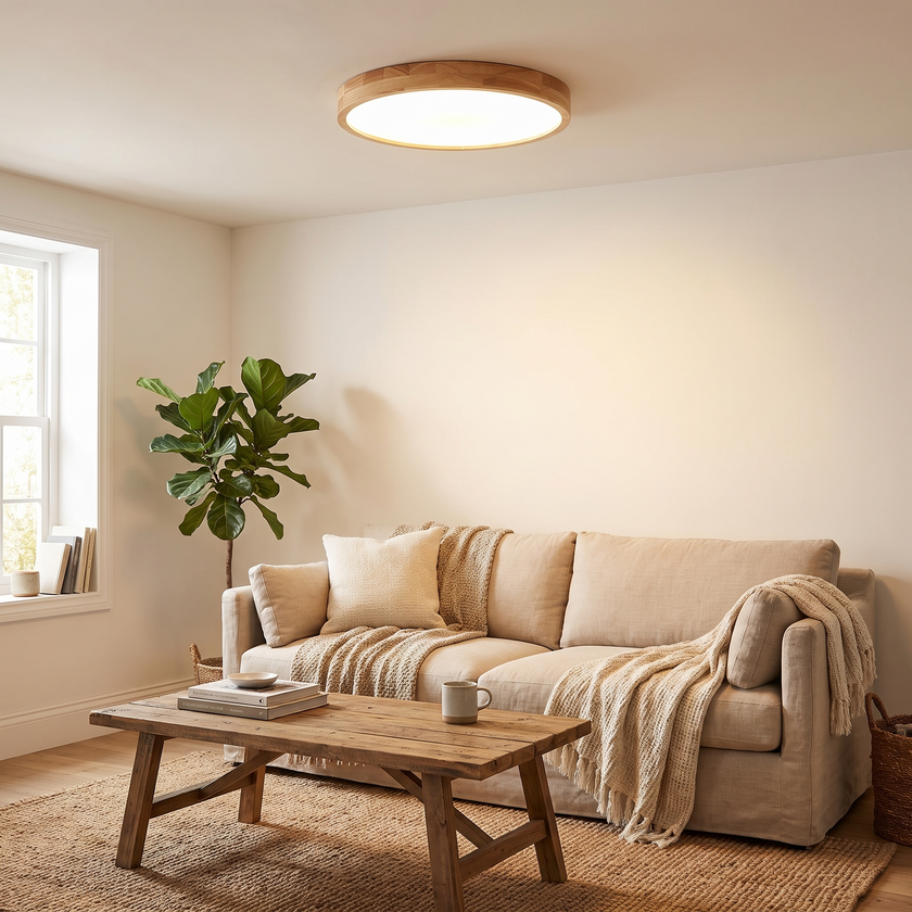 Rubberwood Geometric Flush Mount Light