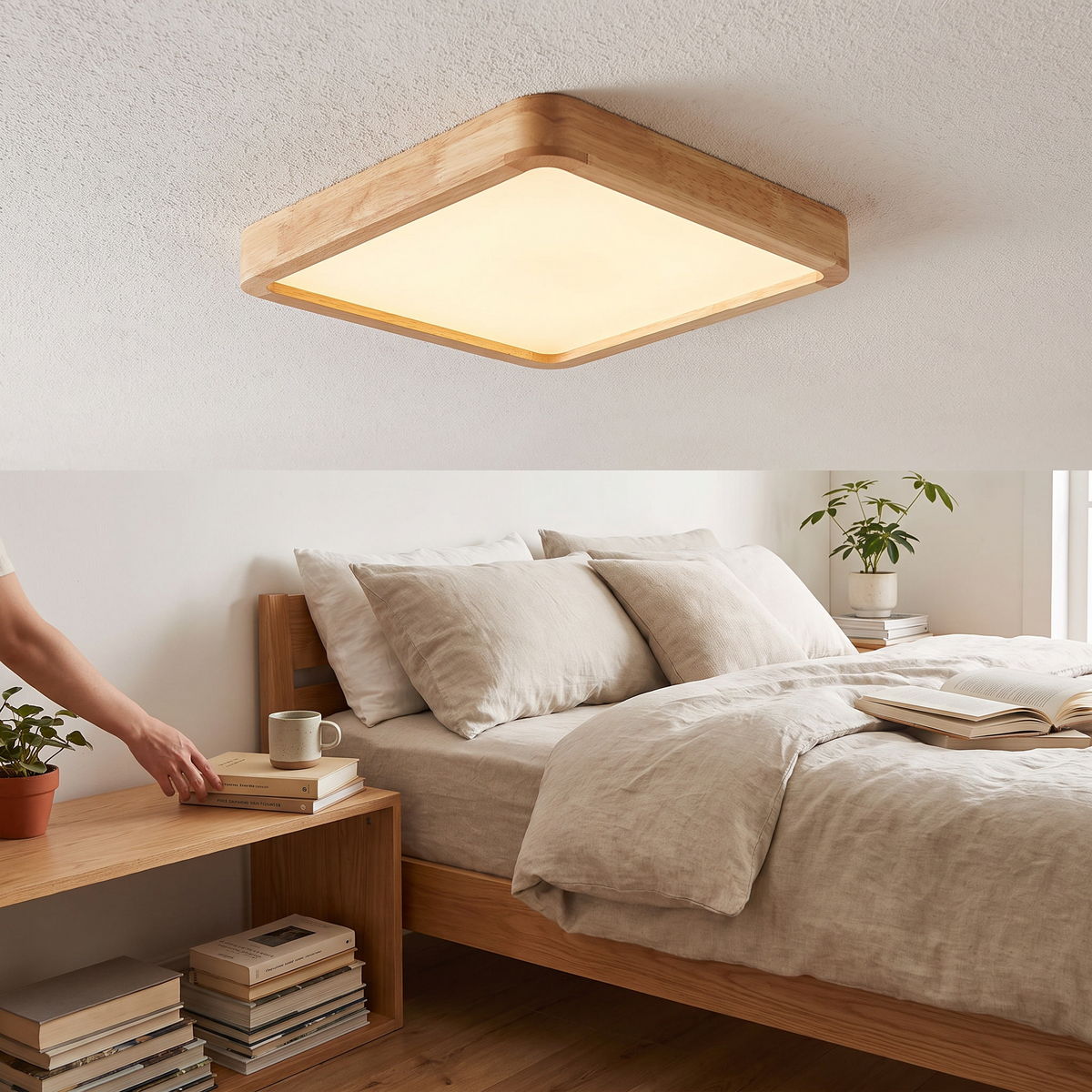 Rubberwood Geometric Flush Mount Light