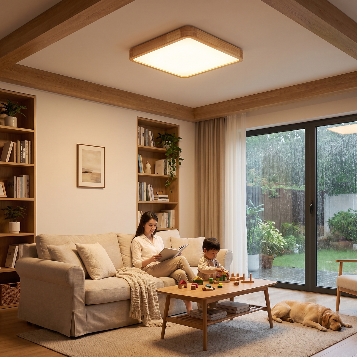 Rubberwood Geometric Flush Mount Light