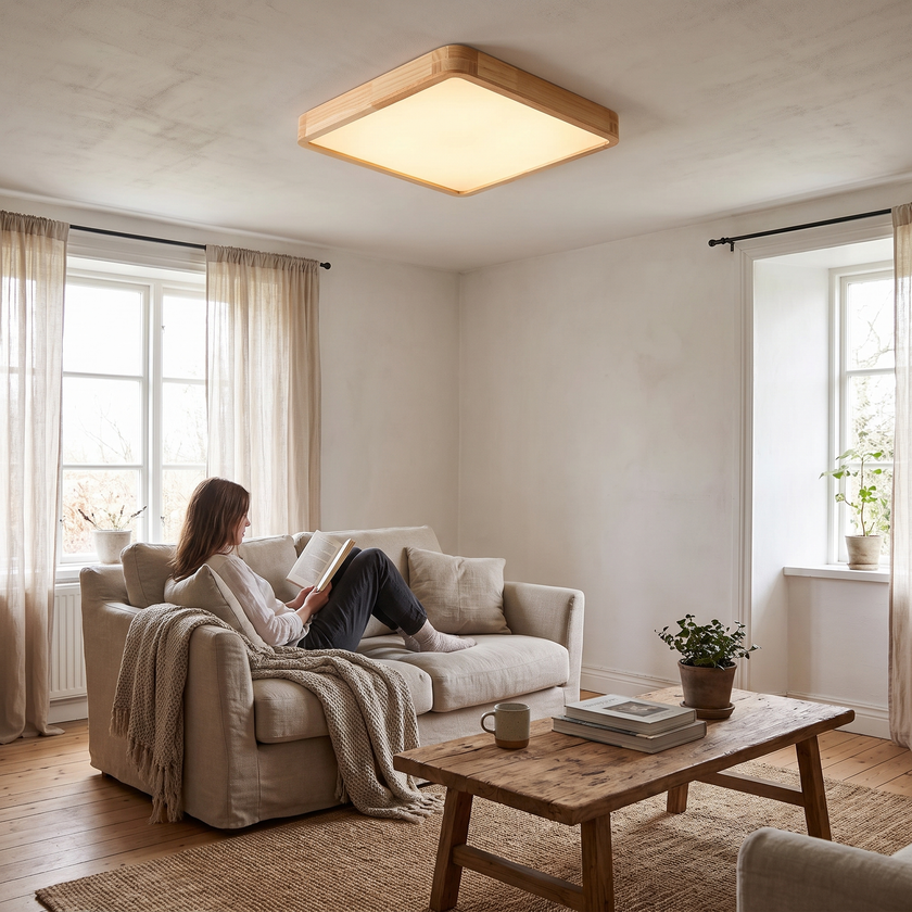 Rubberwood Geometric Flush Mount Light